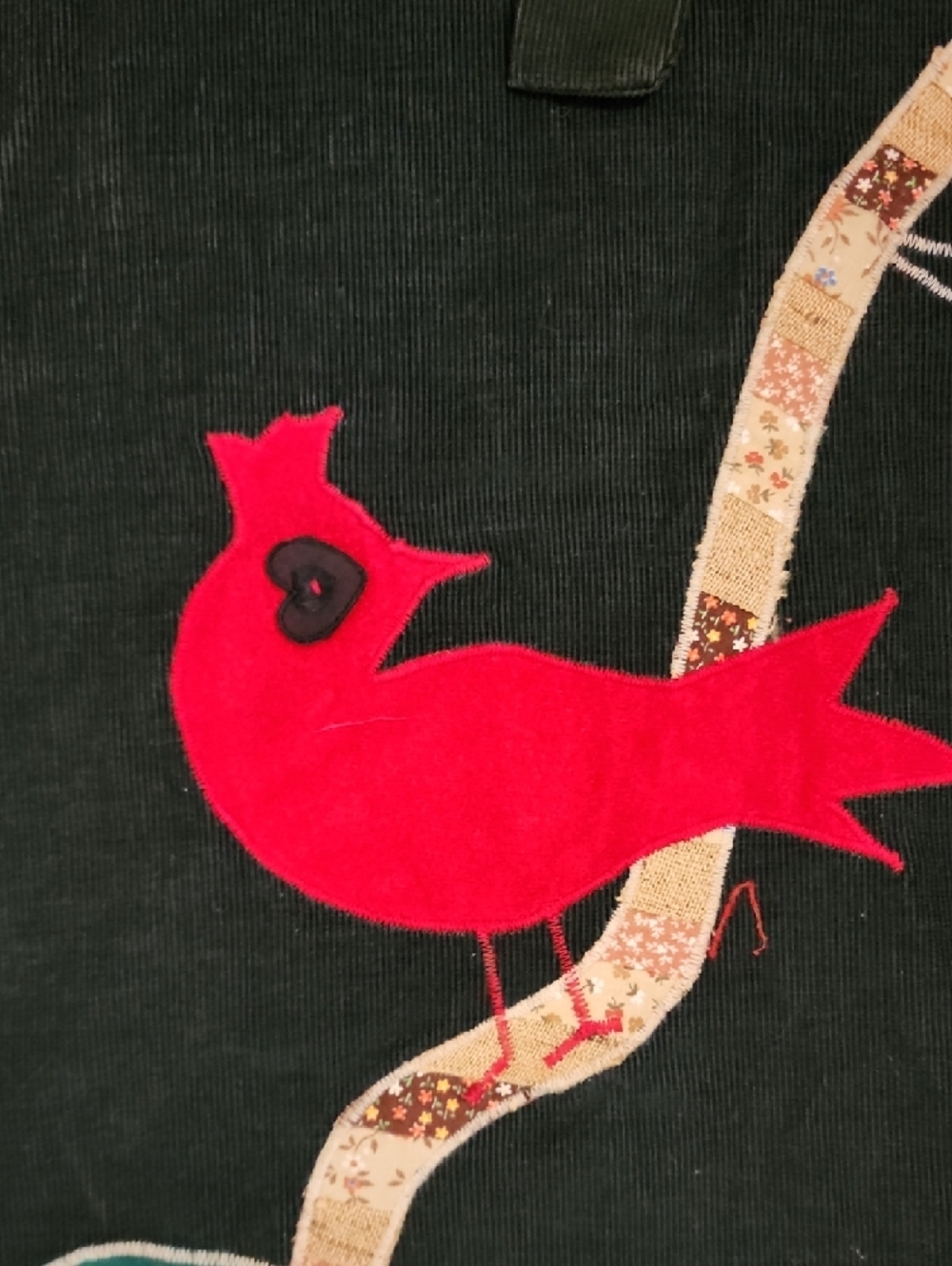 Dark Green A-Line Skirt Red Bird Patchwork Appliqué Cottagecore Folk Art Midi - Picture 2 of 11